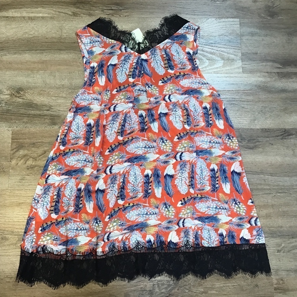 Nwt A’reve Nightgown Size L Camisole Lace Boho Feather Print Red Blue - Picture 7 of 14